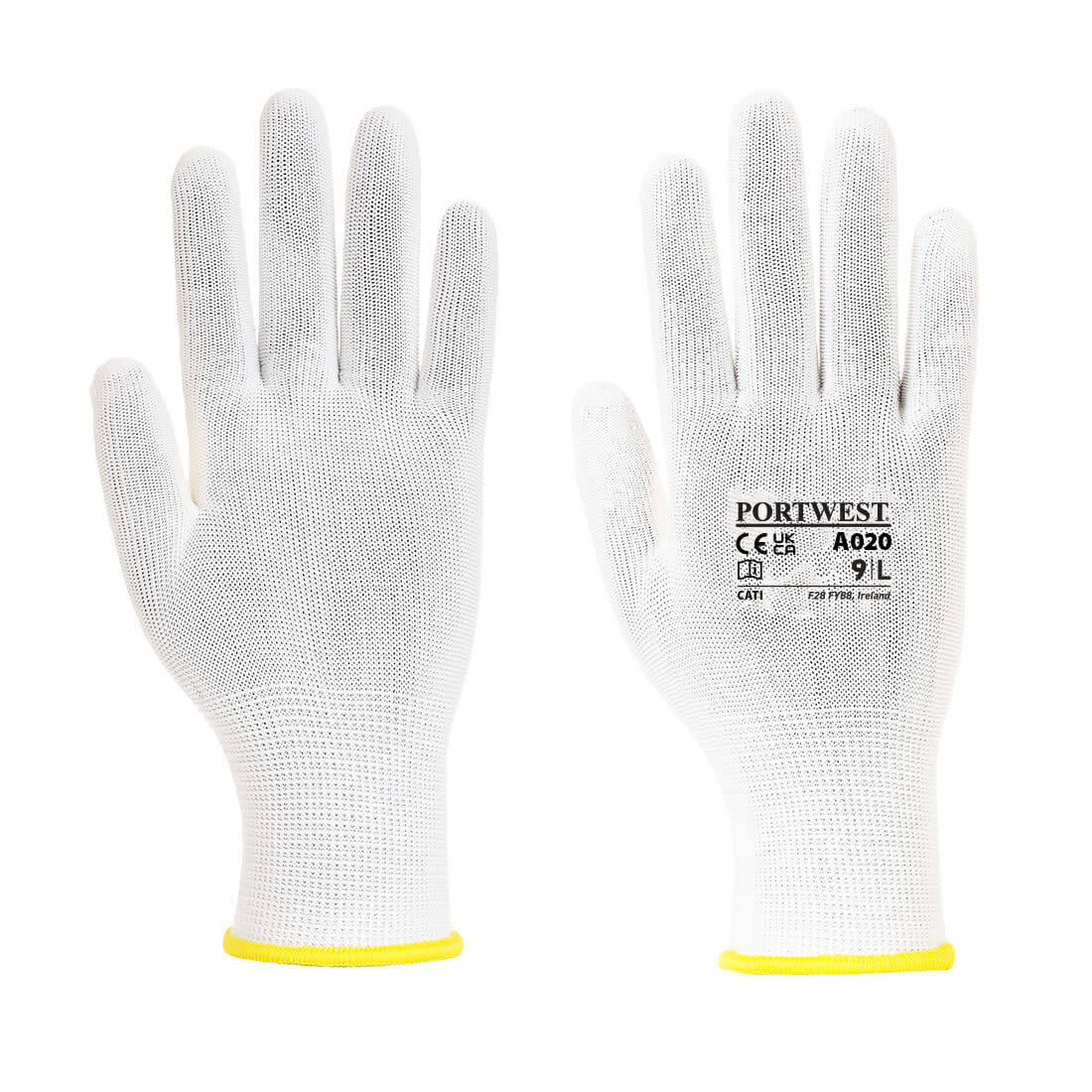 A pair of white gloves with a yellow cuff, featuring a logo and product details on one glove. Assembly Glove (960 pairs) - Image 1