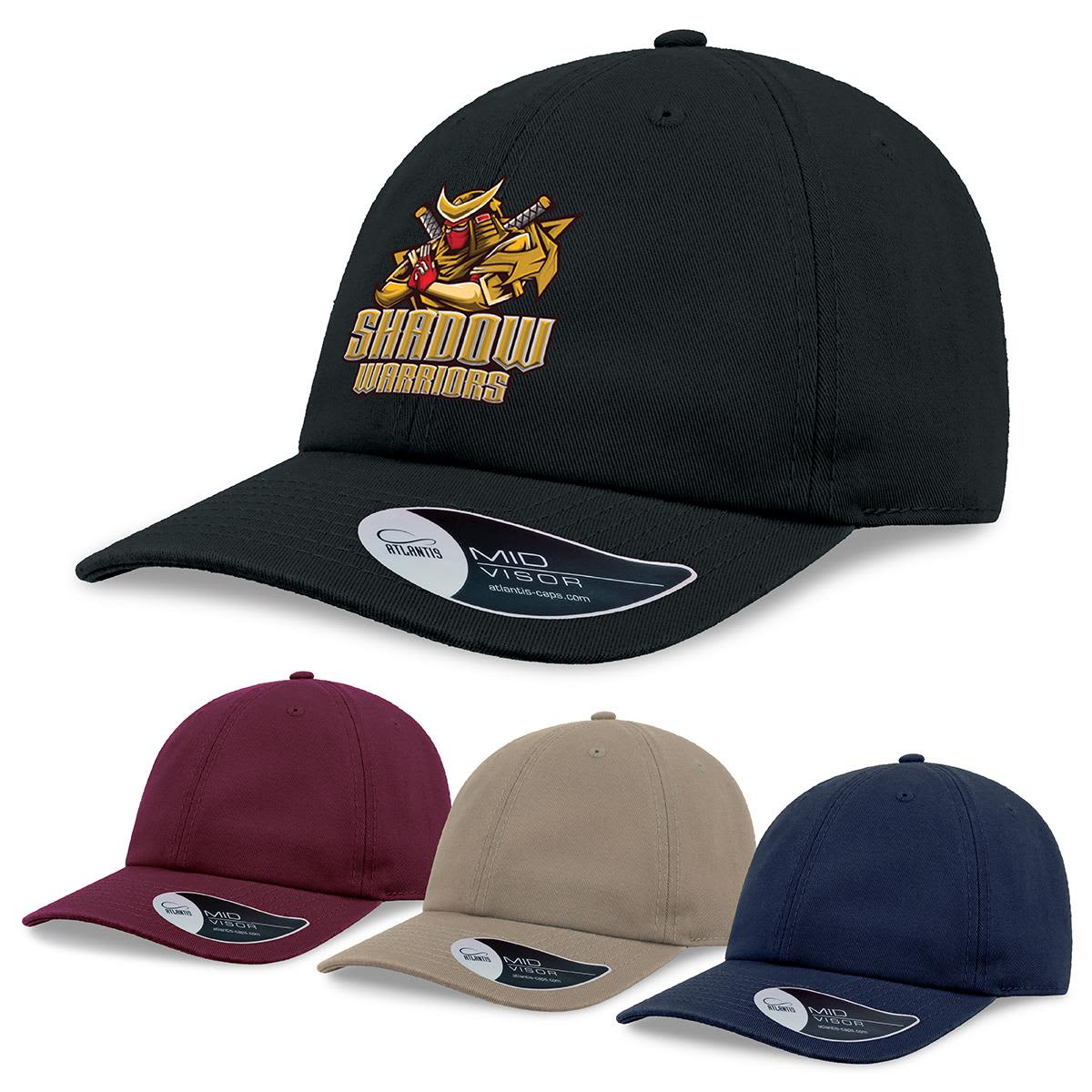 A black cap with a logo, alongside burgundy, beige, and navy caps in a promotional display for headwear. Dad Hat - Image 1