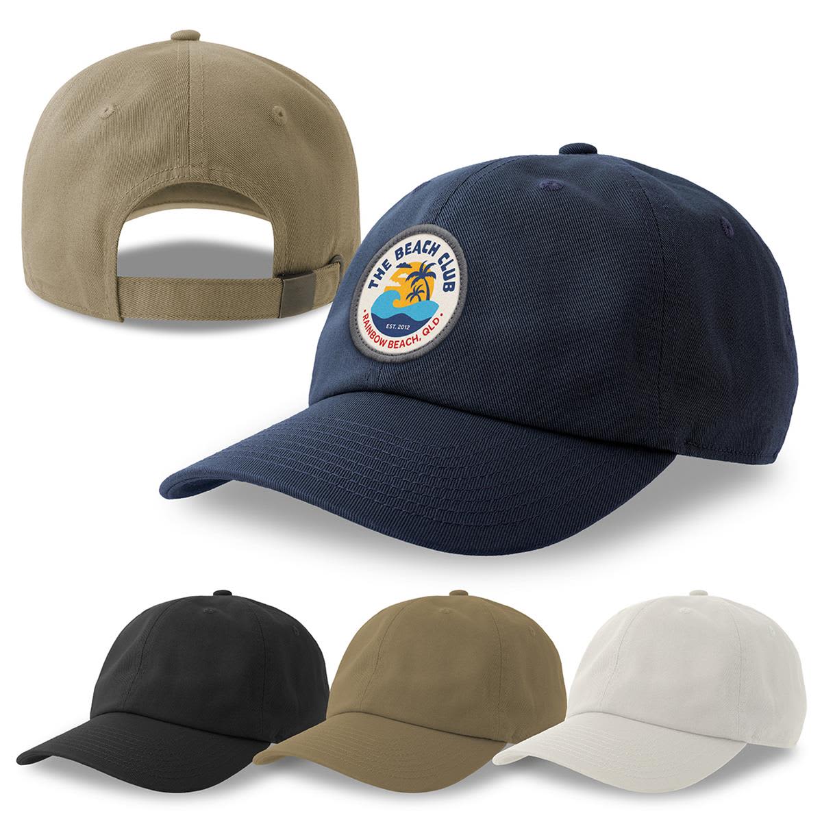 A collection of Dad Hats in navy, black, khaki, and cream, featuring a logo on the front of the navy cap. Dad Hat-S - Organic/Recycled Cotton - Image 1