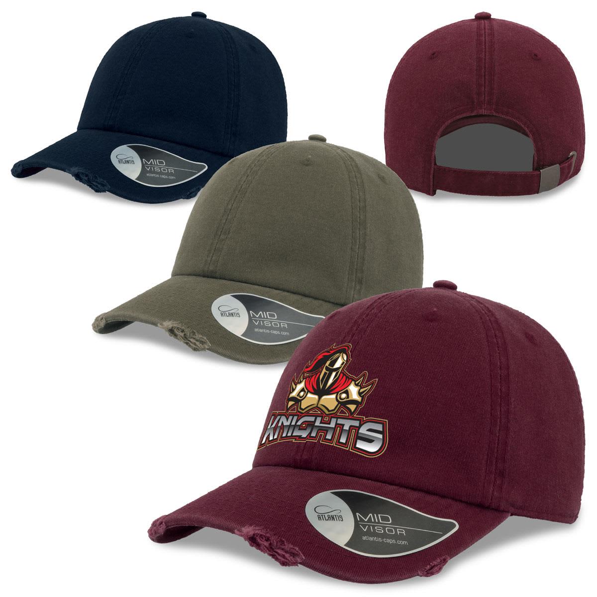 A collection of "Dad Hat Destroyed" caps in navy, olive, and burgundy, featuring a logo on one cap. Dad Hat Destroyed - Image 1