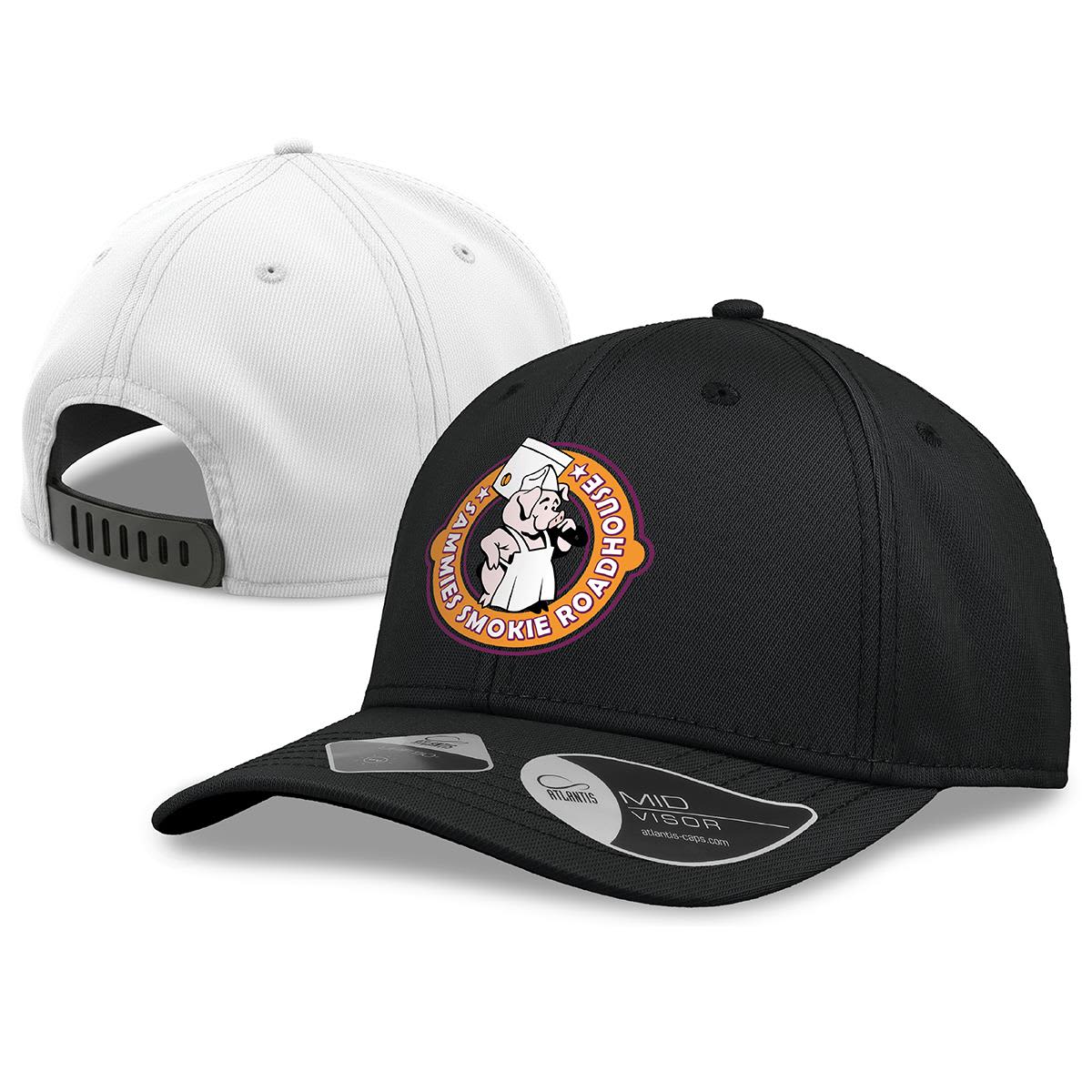 A black cap with a logo on the front and a white underside. The back features a snap closure. Base - Image 1