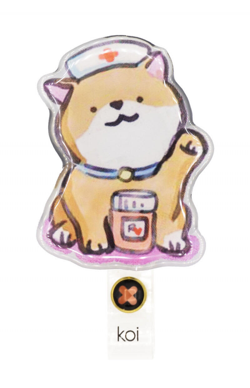 A badge reel featuring a cartoon dog in a nurse outfit, with a medicine jar, predominantly in beige and white colours. Badge Reel - Image 1
