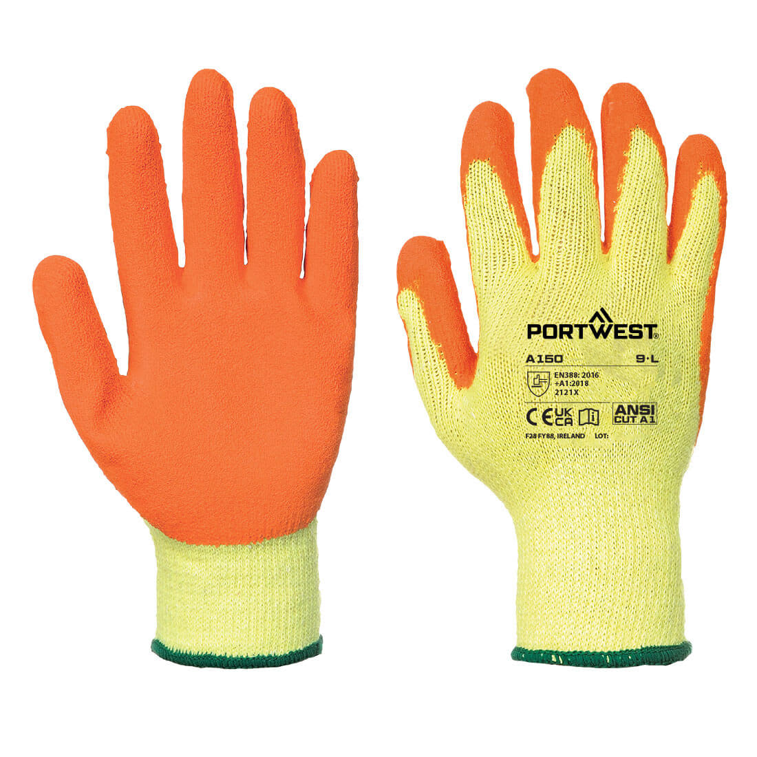 A pair of gloves with orange fingertips and a yellow base, featuring a green wrist cuff and a logo on the palm. Classic Grip Glove - Latex - Image 1