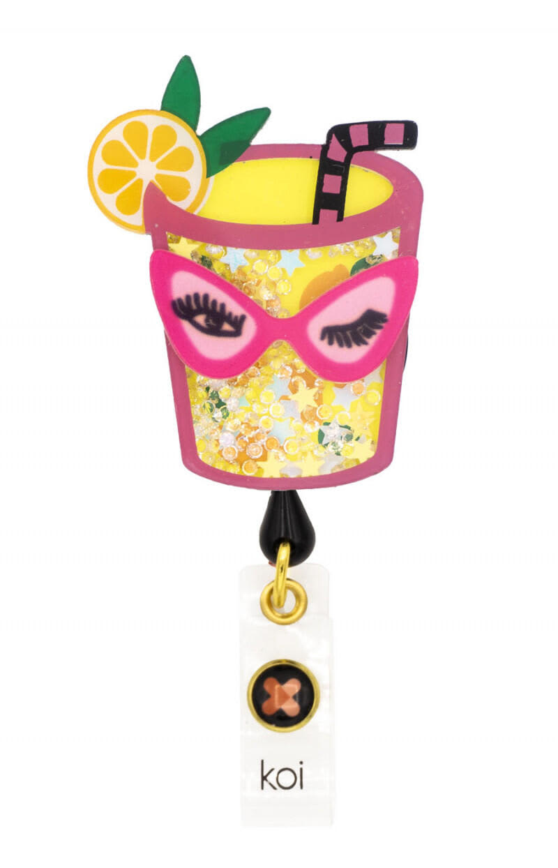 A vibrant badge featuring a drink with sunglasses, lemon, and a striped straw, in bright yellow and pink colours. koi Shaker Badges - Image 1