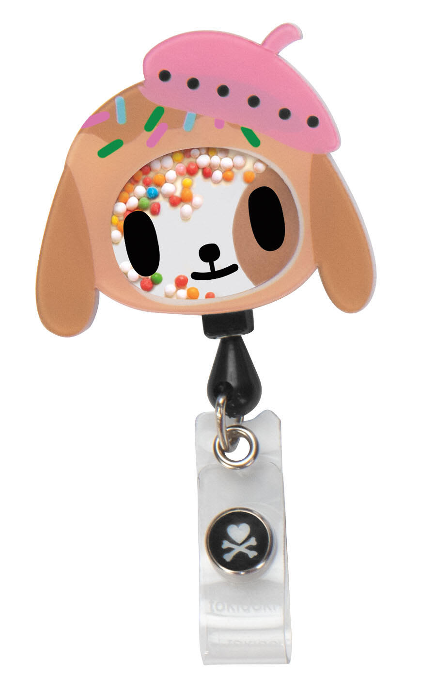 A colourful tokidoki Shaker Badge featuring a dog character with sprinkles and a pink hat, attached to a clear clip. tokidoki Shaker Badge - Image 1