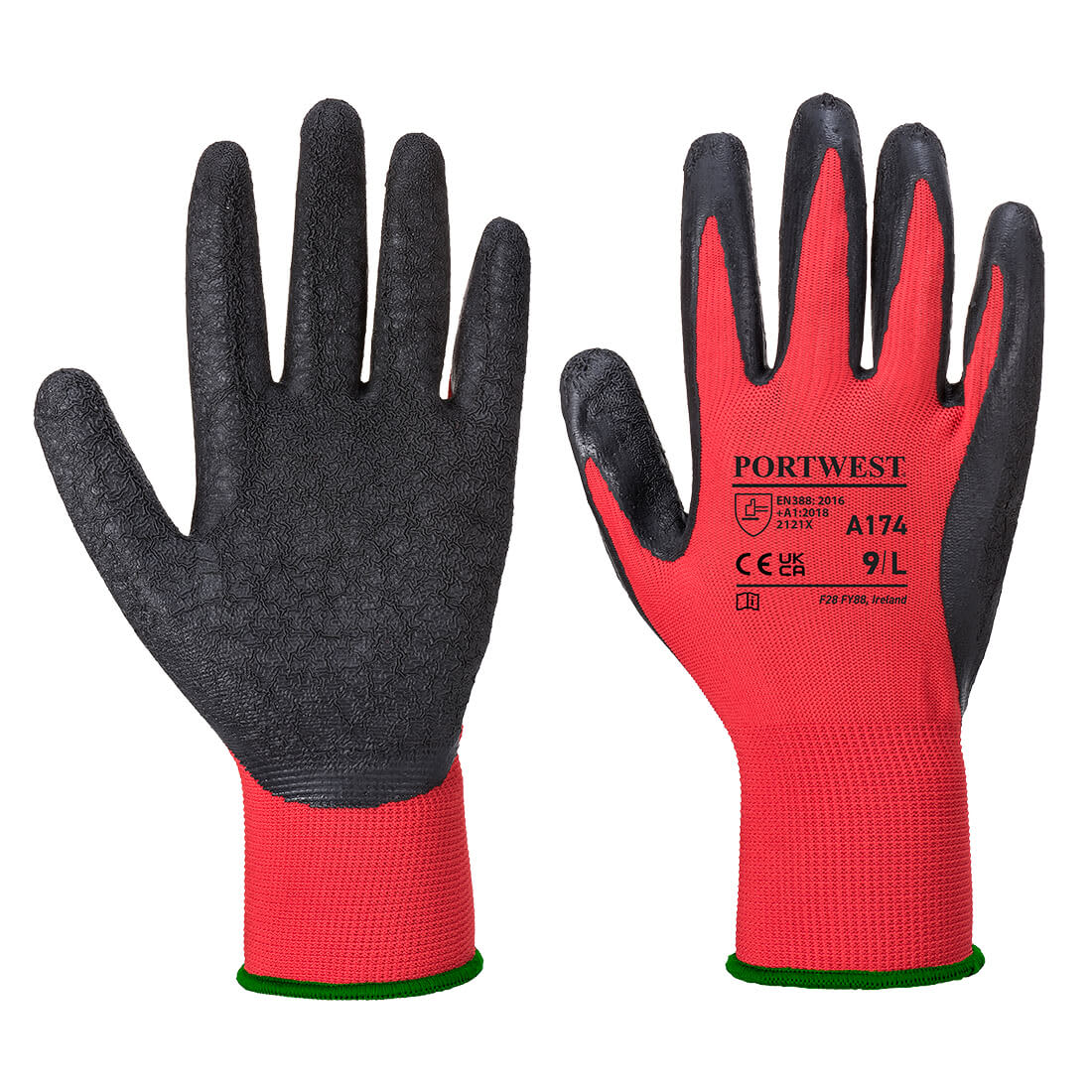A pair of red and black Flex Grip latex gloves with textured palms and a snug fit, featuring a logo. Flex Grip Latex Glove - Image 1