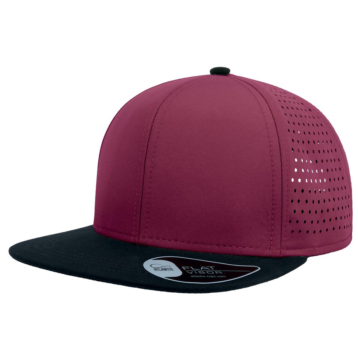 A cap featuring a maroon upper with black brim and mesh detailing on the sides, also includes a logo. Bank - Image 1