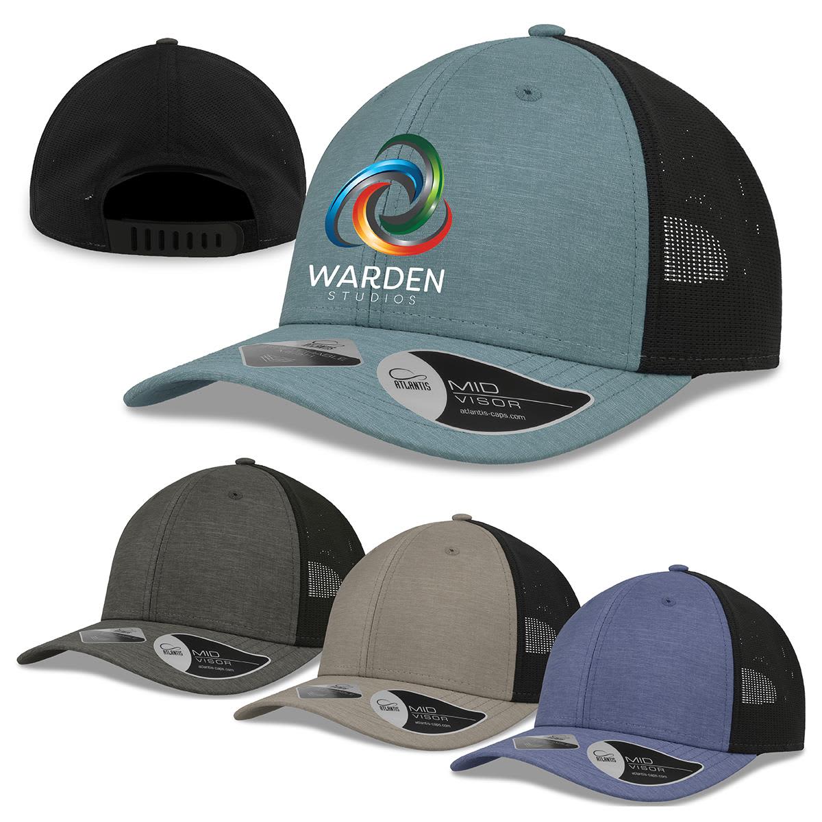 A selection of caps in green, olive, and blue, featuring a logo on the front and a mesh back. Whippy - Image 1