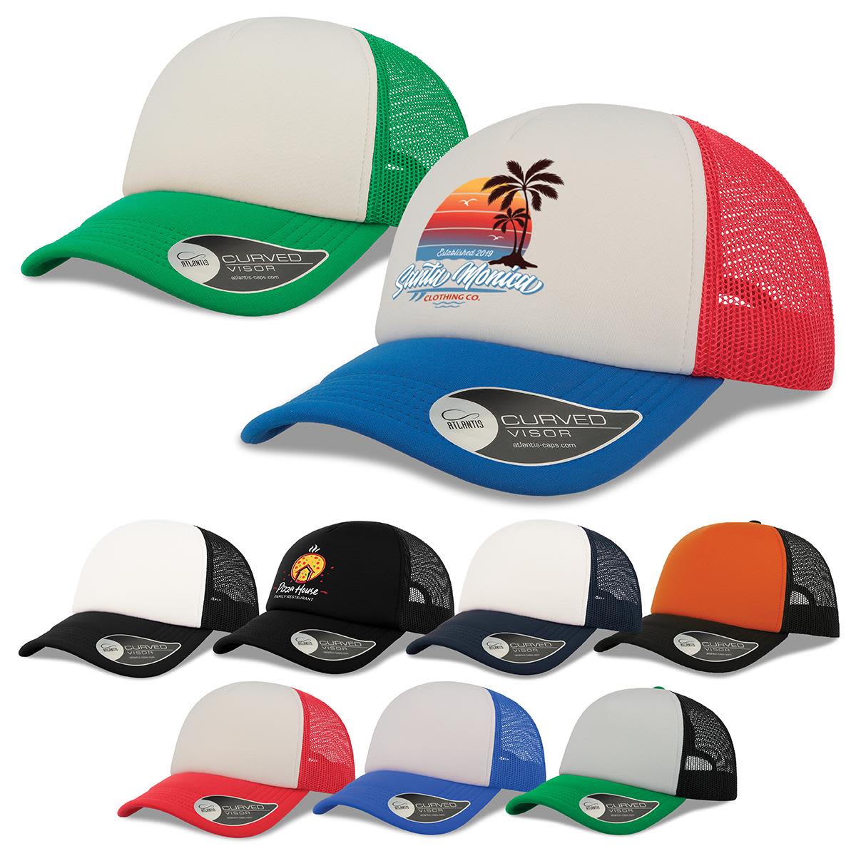 A collection of trucker caps in green, red, black, blue, navy, and orange, featuring a logo on the front. Rapper - Image 1