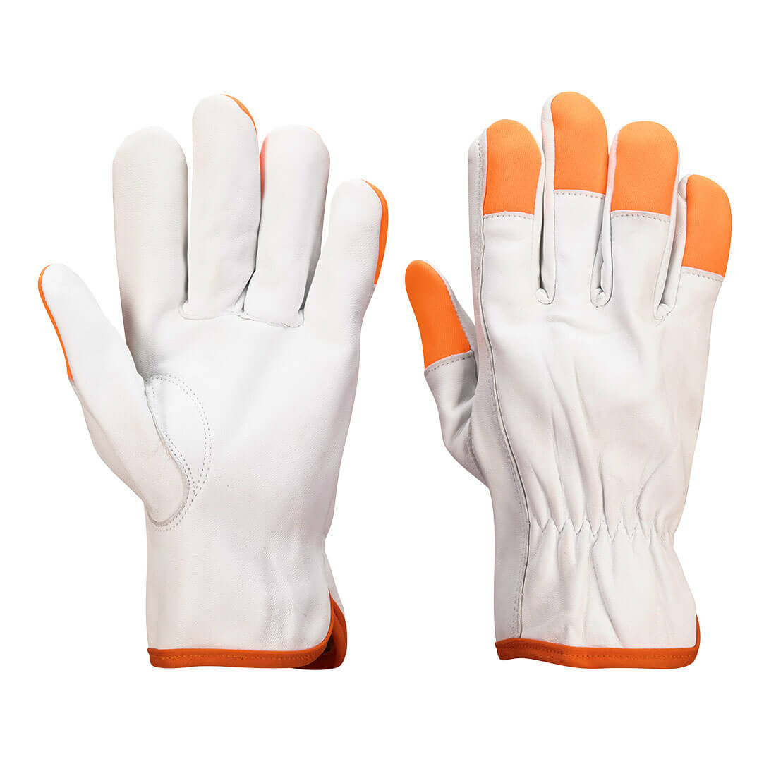 Orange Tip driver gloves featuring white synthetic material and orange accents, displayed in an open position. Orange Tip Driver Gloves (PK12) - Image 1