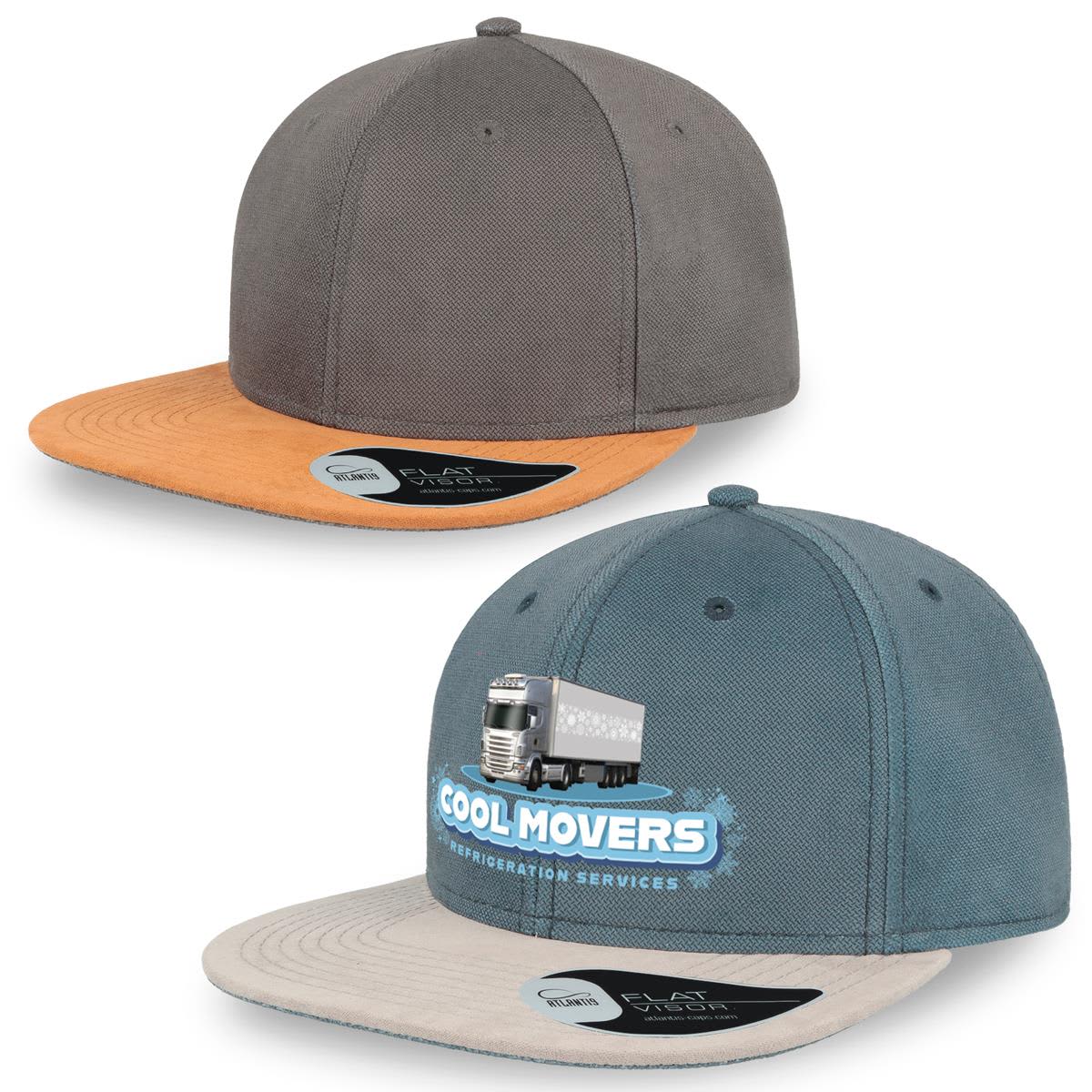 A grey cap with an orange visor and a teal cap with a beige visor, both featuring a logo on the front. Vibe - Image 1