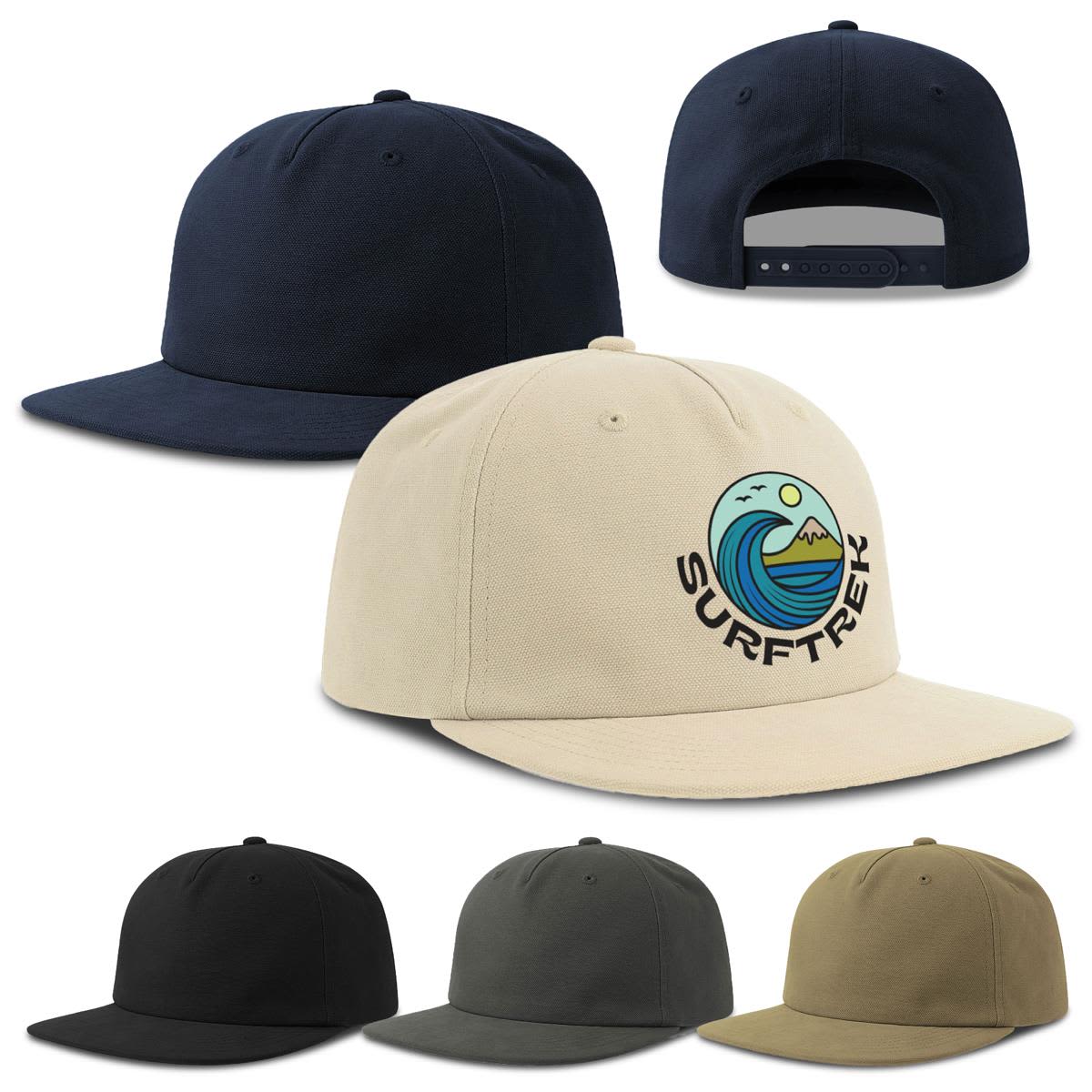 A flat peak cap in cream with a logo, available in navy, black, olive, and stone colours. Cruz Organic Cotton Flat Peak - Image 1