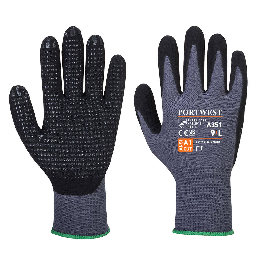 A pair of grey gloves with a black textured grip, featuring a green cuff and a logo on the wrist area. DermiFlex Plus Glove - Image 1