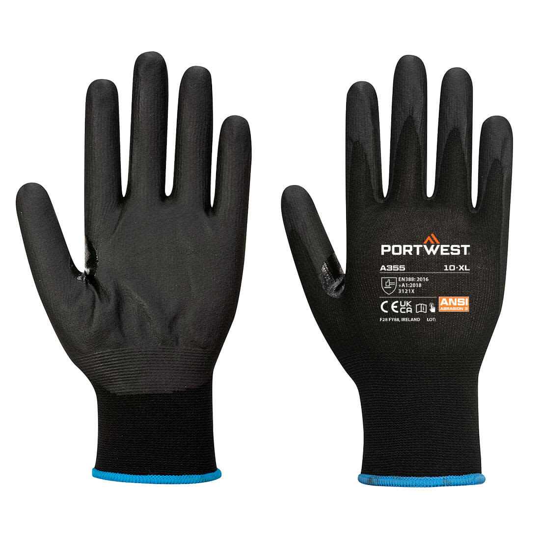 Nitrile foam gloves in black with a blue cuff, featuring a logo on the palm side. Pack of 12. Grip 15 Nitrile Foam Touchscreen Glove (PK12) - Image 1