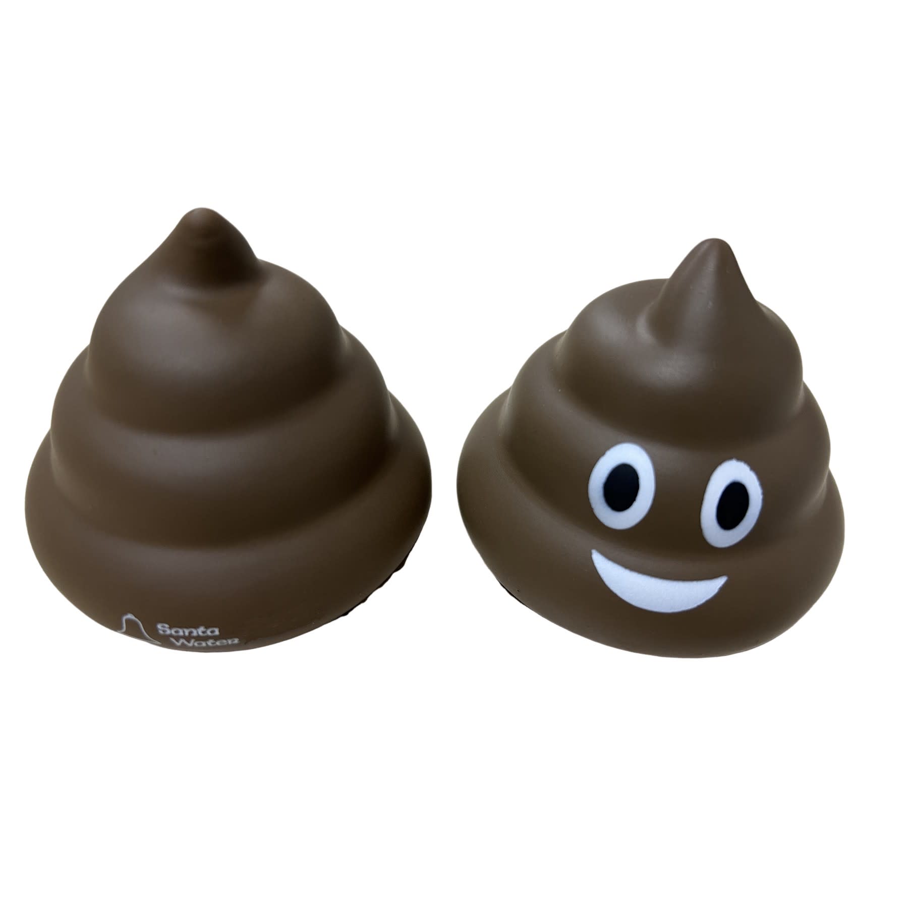 A brown, poop-shaped stress reliever with a smiling face and a small logo on one side. Poop Shaped Stress Reliever - Image 1