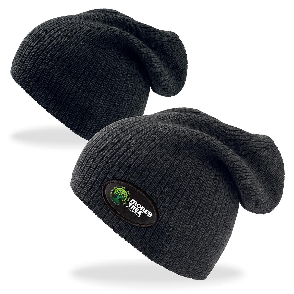 A pair of black ribbed beanies featuring a logo on the front. Brad Beanie - Image 1