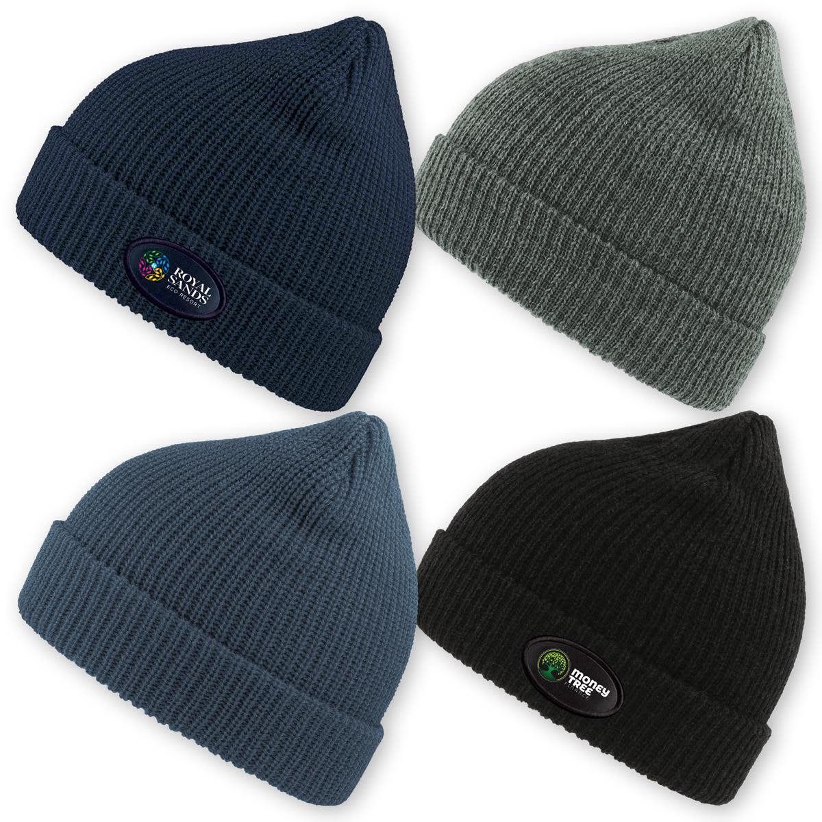 A set of four woolly beanies in navy blue, olive green, teal, and black, each featuring a logo. Woolly Beanie - Image 1
