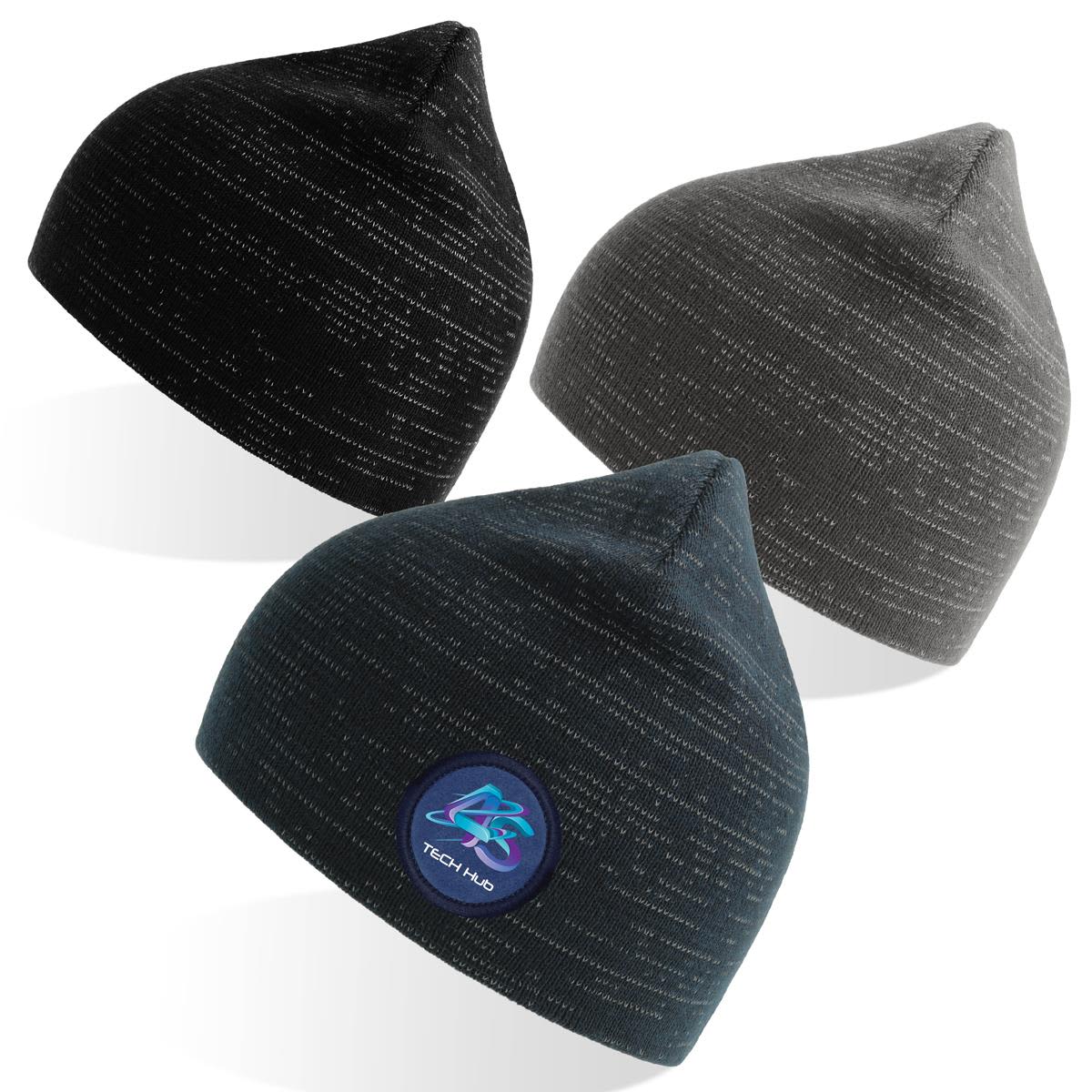 A collection of three knitted beanies in black, grey, and dark teal, featuring a logo on one. Shine - Image 1