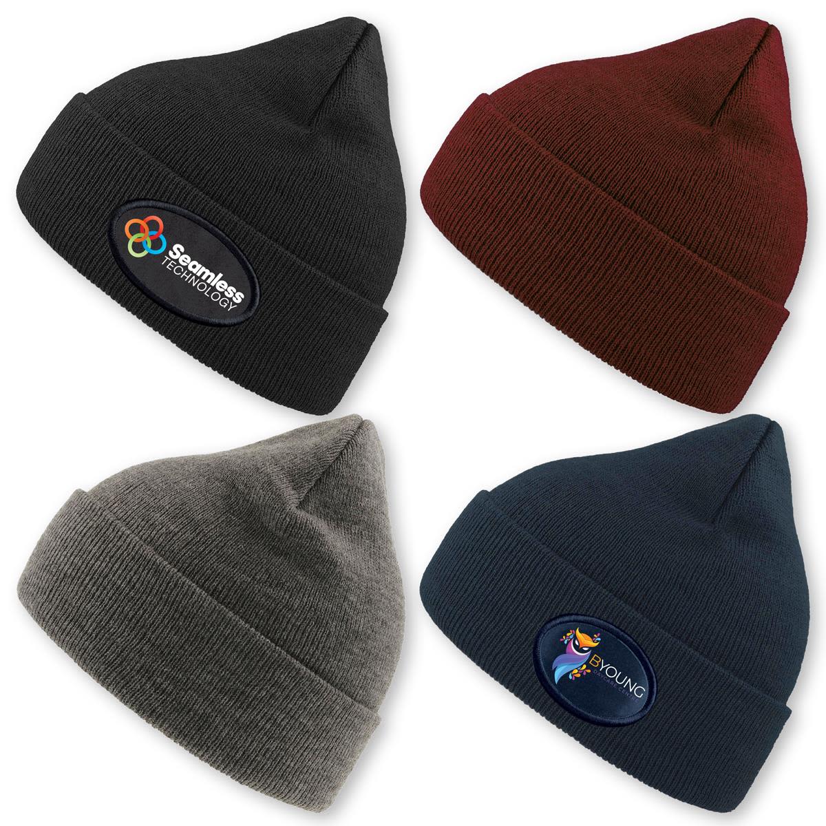 Four beanies in black, burgundy, grey, and navy, each featuring a logo on the front. Eko Beanie - Image 1