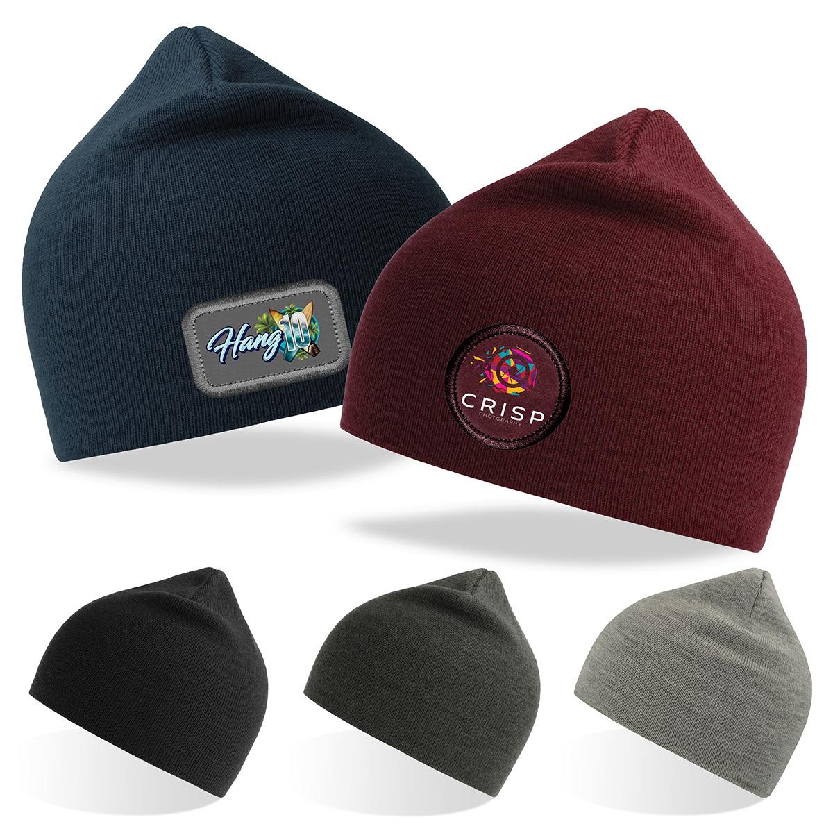 Two beanies in navy and burgundy with badges, alongside black, olive, and grey beanies stacked below. Holly Polylana Beanie - Image 1