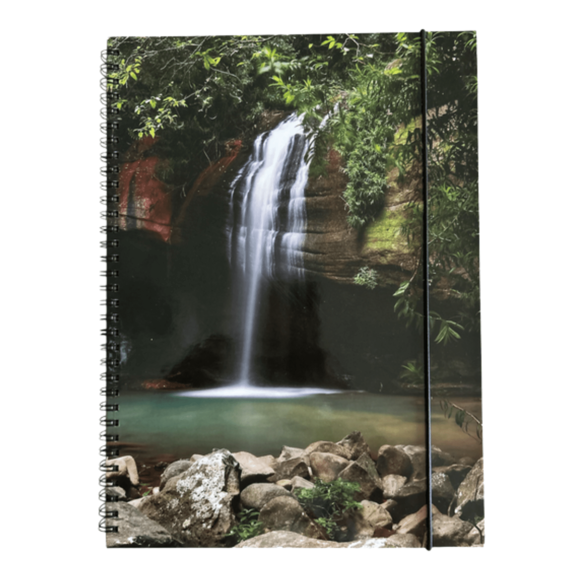 A spiral-bound soft cover notebook featuring a waterfall and lush greenery design, with a black elastic band. Sustainable A4 Spiral Bound Soft Cover Notebook - Image 1