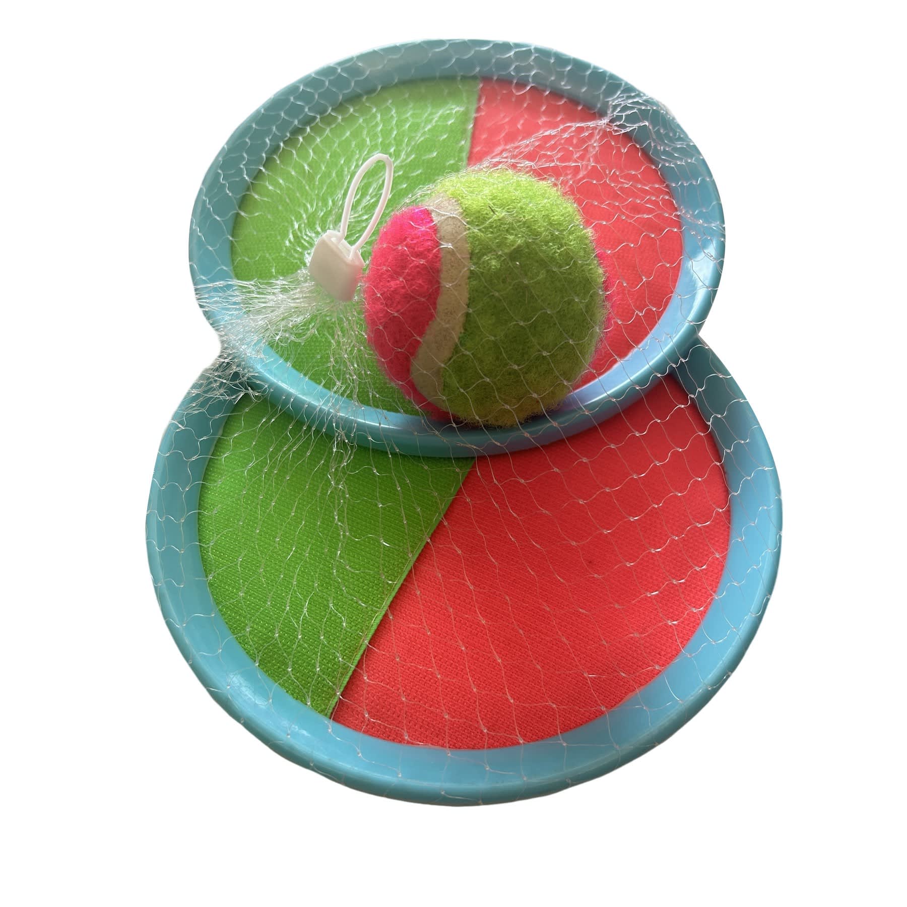 A bright blue sticky toss and catch game set with red and green catch pads and a tennis ball. Self Sticky Toss & Catch Game Set - Image 1