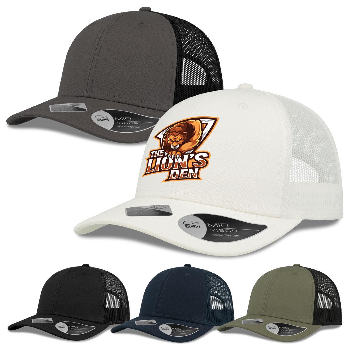 A selection of caps in grey, white, black, navy, and olive green, featuring a logo on one. Recy Three Cap - Image 1