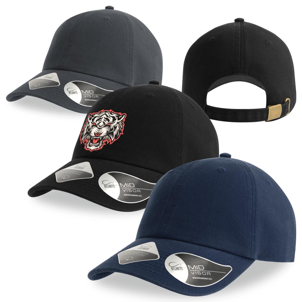 A collection of Fraser Organic Dad Hats in black and navy featuring a logo on one. They have a curved visor and adjustable strap. Fraser Organic Dad Hat - Image 1