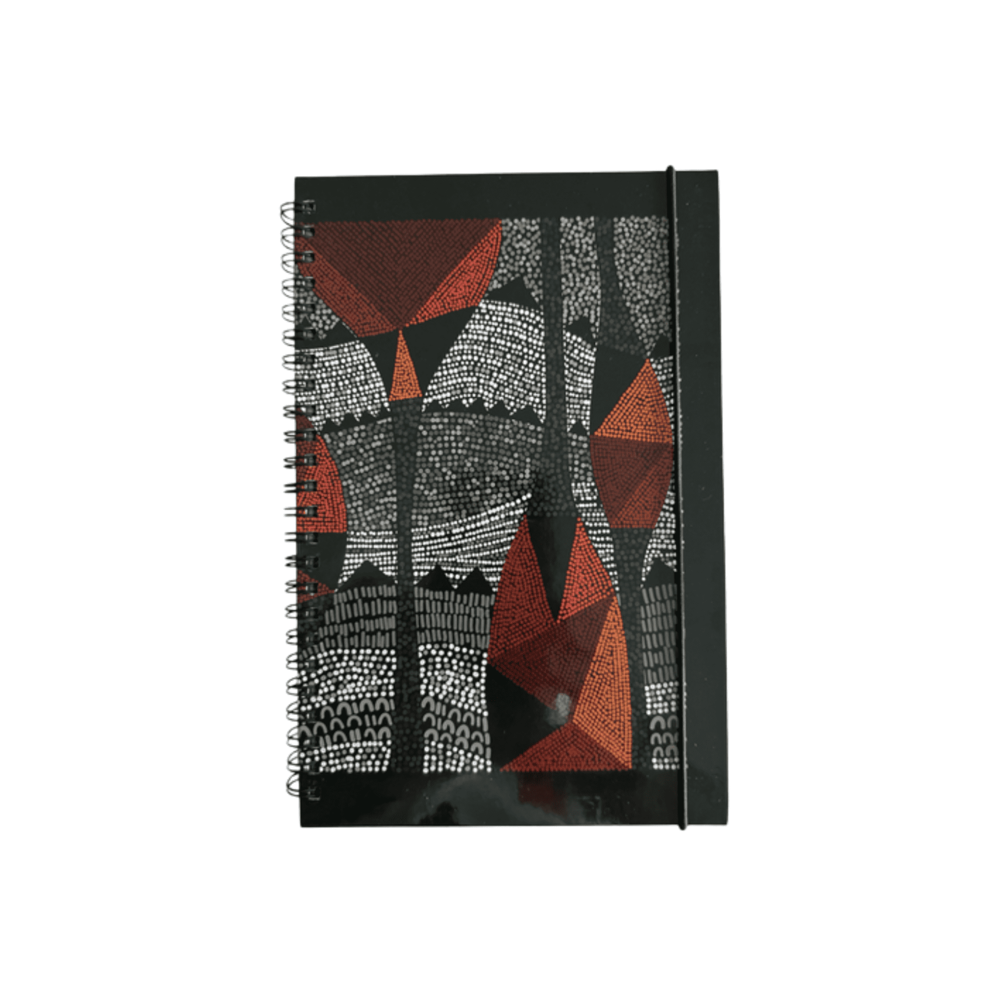 A sustainable A5 spiral-bound hard cover notebook featuring a black, red, and white geometric design and a logo. Sustainable A5 Spiral Bound Hard Cover Notebook - Image 1