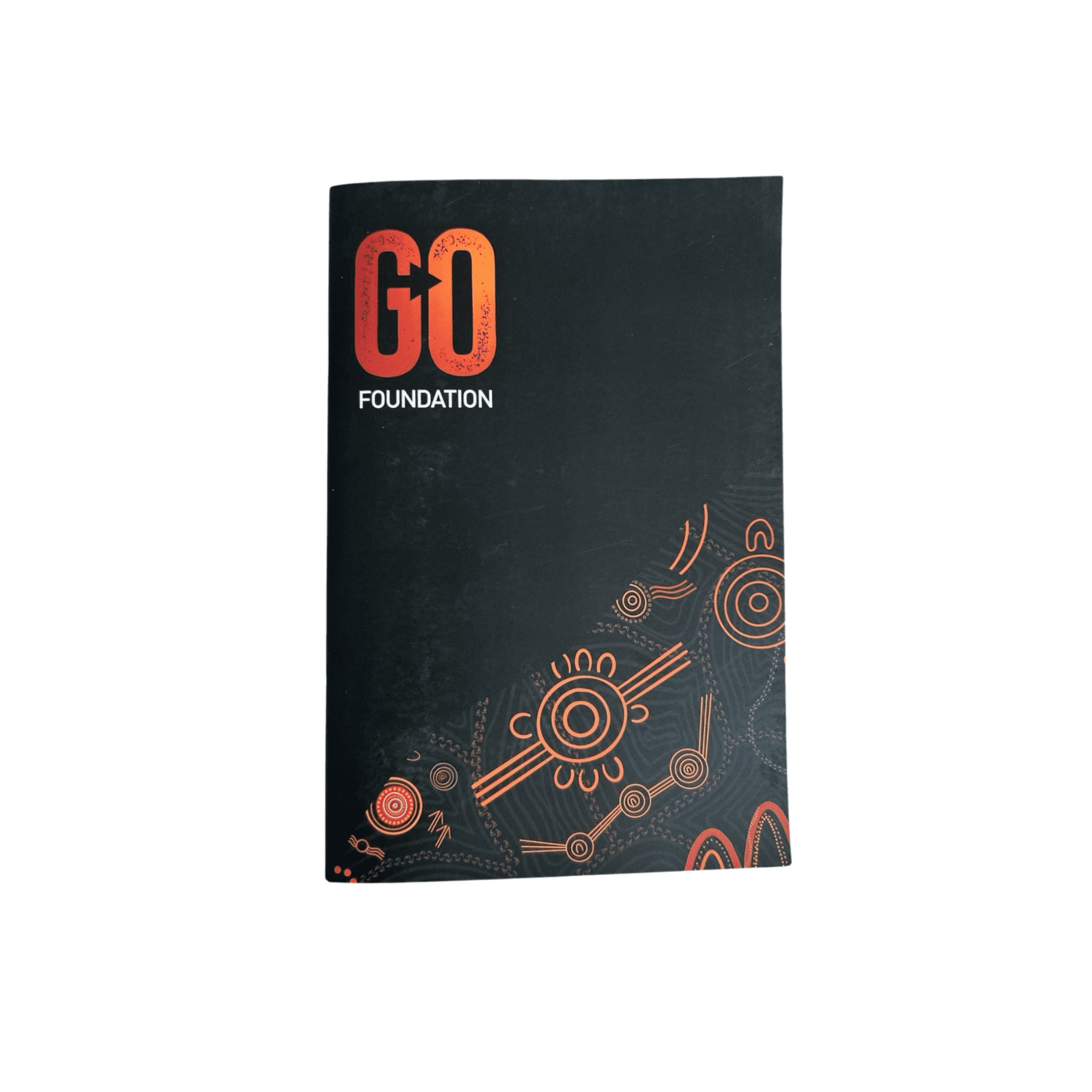 A black A5 saddle stitch soft cover notebook with orange and red designs and a logo on the front. Sustainable A5 Saddle Stitch Soft Cover Notebook - Image 1