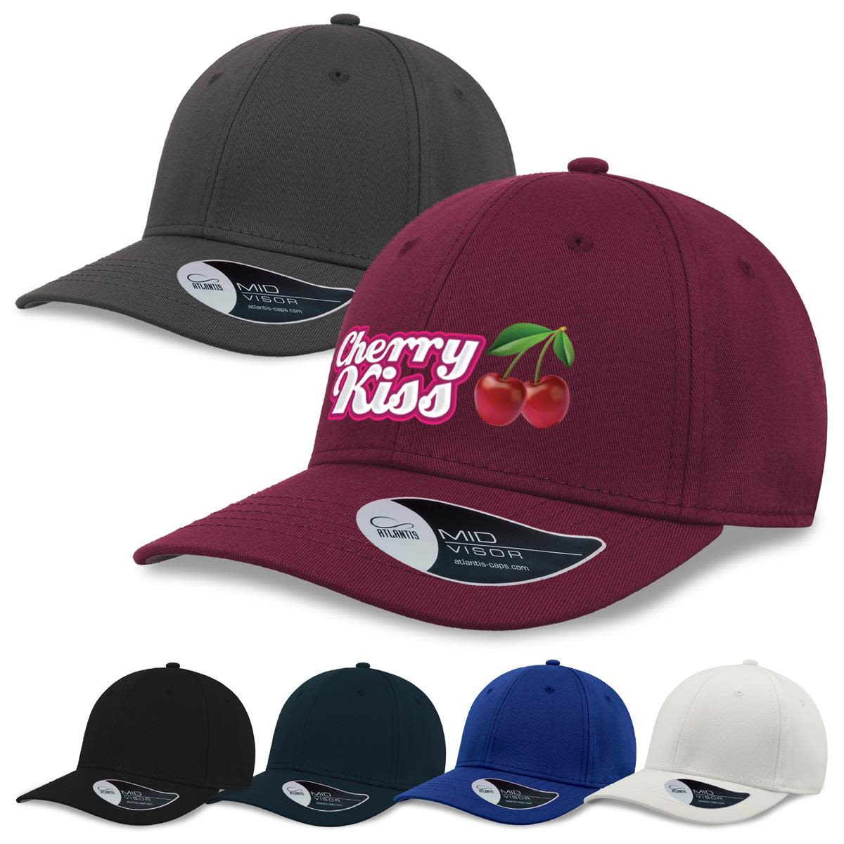 A collection of caps in black, dark grey, maroon, royal blue, and white, featuring a logo on the maroon cap. Pitcher - Image 1
