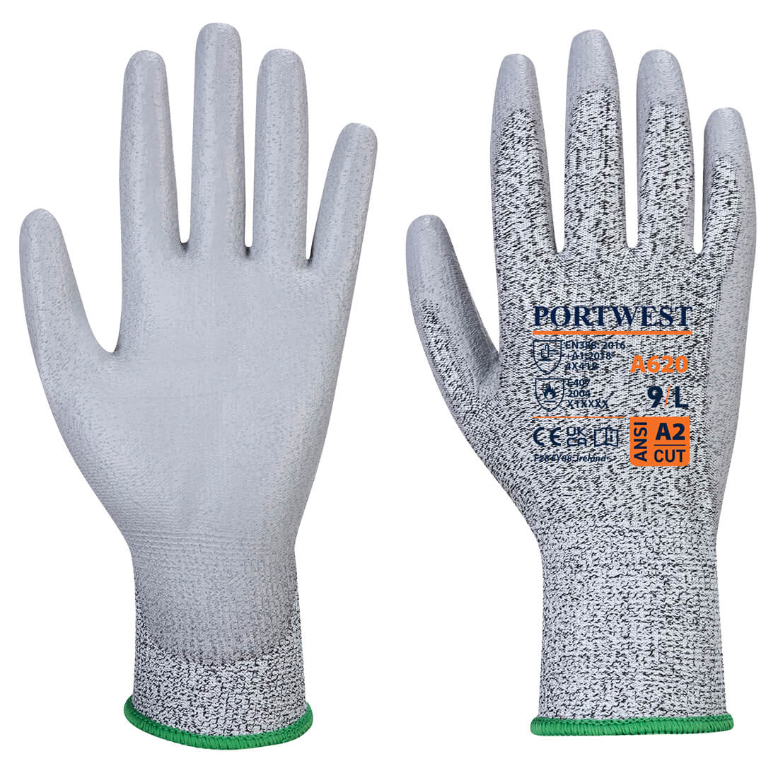 A pair of grey gloves with a textured surface and a green trim. The gloves are branded and feature a cut resistance rating. LR CUT PU Palm Glove - Image 1