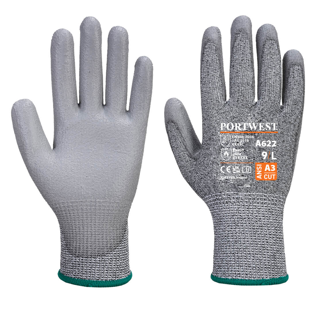 A pair of grey gloves with a textured finish, featuring a logo and an ANSI cut rating. MR Cut PU Palm Glove - Image 1