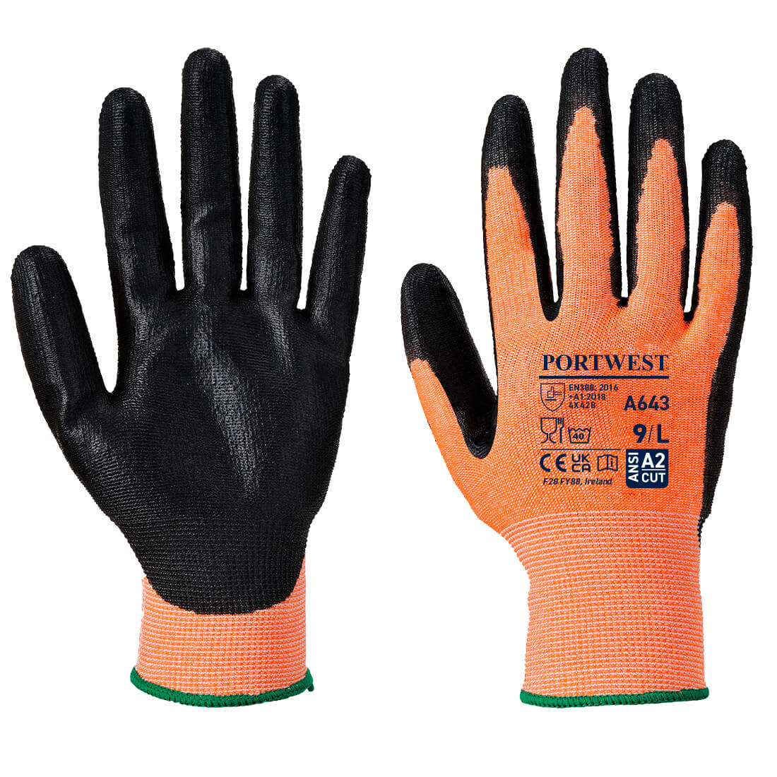 A pair of safety gloves featuring a textured black nitrile foam palm and an orange fabric backing, with a green wrist cuff. Amber Cut Glove - Nitrile Foam - Image 1