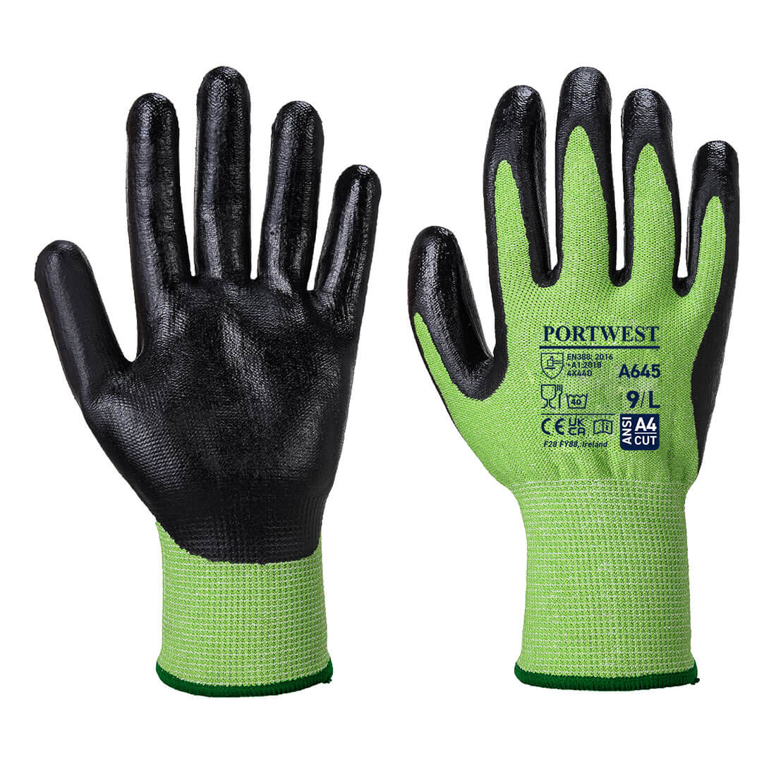 A pair of gloves featuring a black nitrile foam coating and a green knitted wrist, with a logo present on the cuff. Green Cut Glove - Nitrile Foam - Image 1