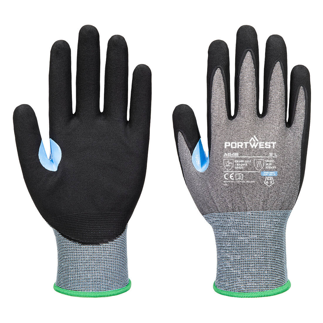 Black and grey nitrile gloves featuring a textured grip and a blue accent, with a logo on the wrist area. CS Cut D21 Nitrile Glove - Image 1