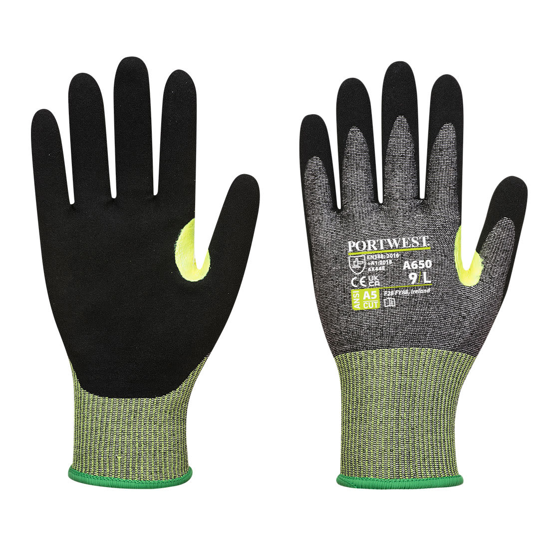 Nitrile foam gloves with a black and grey textured surface, green wrist cuffs, and a logo on the palm. CS Cut E15 Nitrile Glove - Image 1