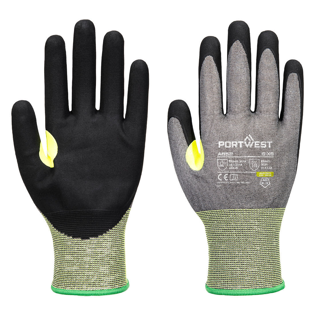 A pair of nitrile gloves featuring a black palm and grey fabric, with yellow accents and a logo. CS Cut E21 Nitrile Glove - Image 1