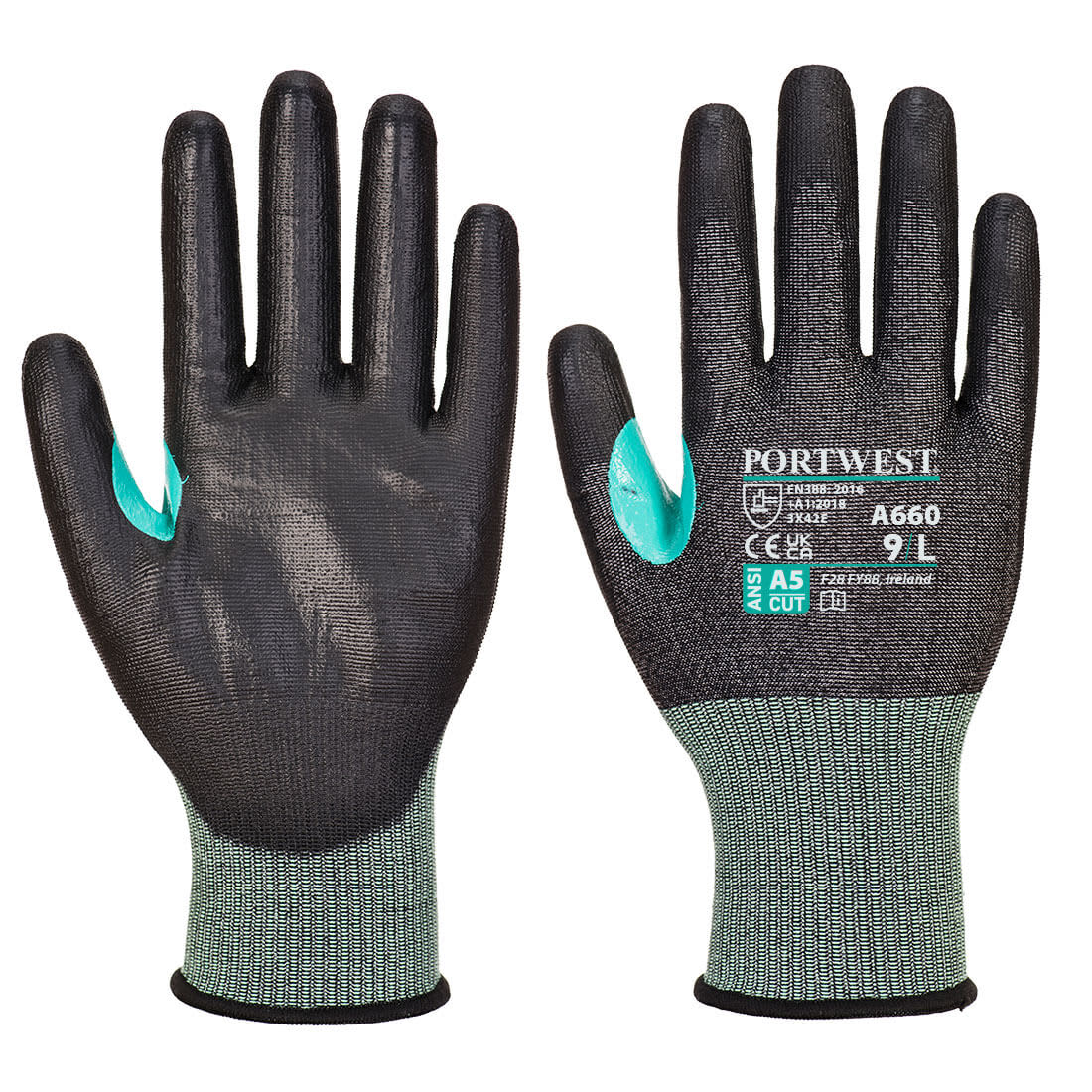 A pair of black and teal cut-resistant gloves with a textured grip and a branded logo on the wrist area. CS Cut E18 PU Glove - Image 1