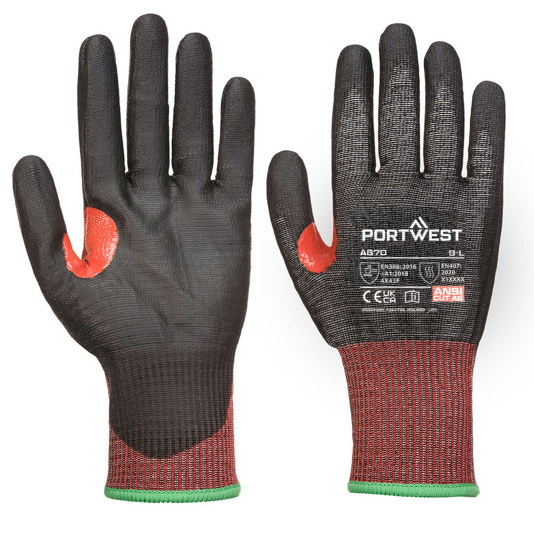 A pair of black gloves with red accents and a textured grip, featuring a logo and safety information. CS Cut F13 PU Glove - Image 1