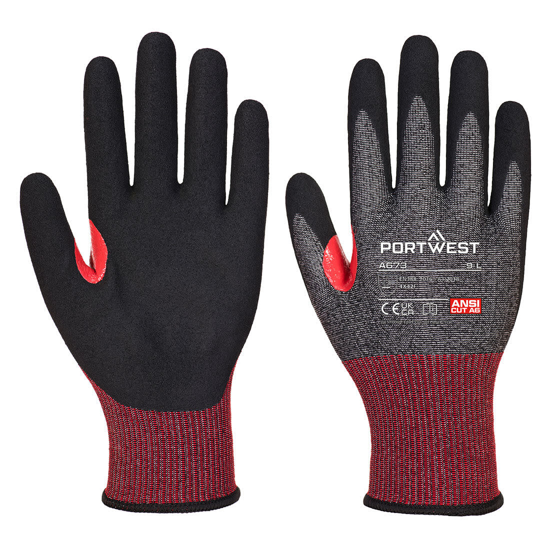 A pair of black and red nitrile gloves with a textured grip and a logo. Ideal for various tasks. CS Cut F18 Nitrile Glove - Image 1