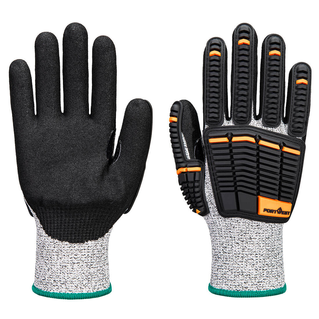 A pair of black and grey nitrile foam gloves with orange accents and textured grips. They feature a logo on the wrist. Impact C13 Nitrile Foam Glove - Image 1