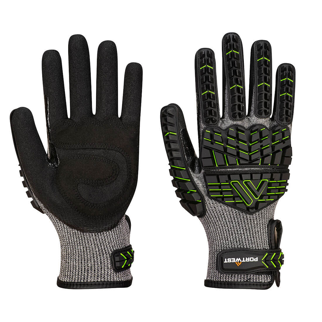 Nitrile foam impact gloves in black and grey with green accents and textured grip. Features a logo on the wrist. VHR15 Nitrile Foam Impact Glove - Image 1