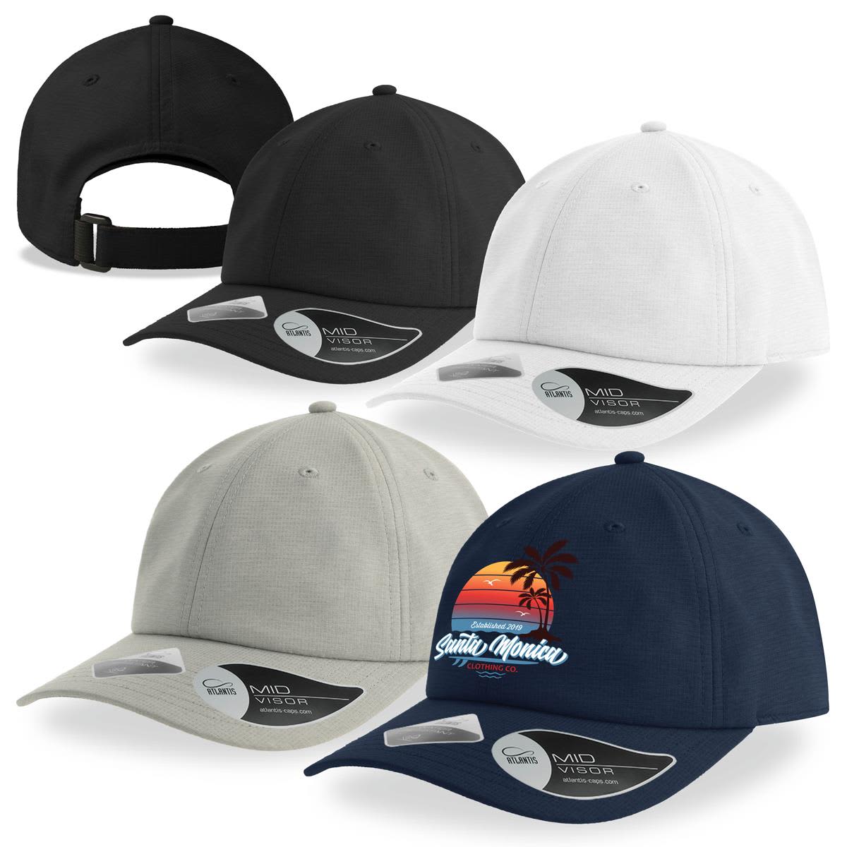 A set of four caps in black, white, grey, and navy, featuring a logo on the navy cap. Energy - Image 1