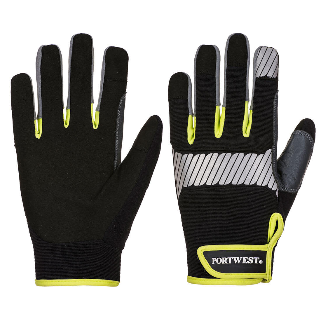 A pair of black gloves with grey and neon yellow accents, featuring a logo on the wrist area. PW3 General Utility Glove - Image 1