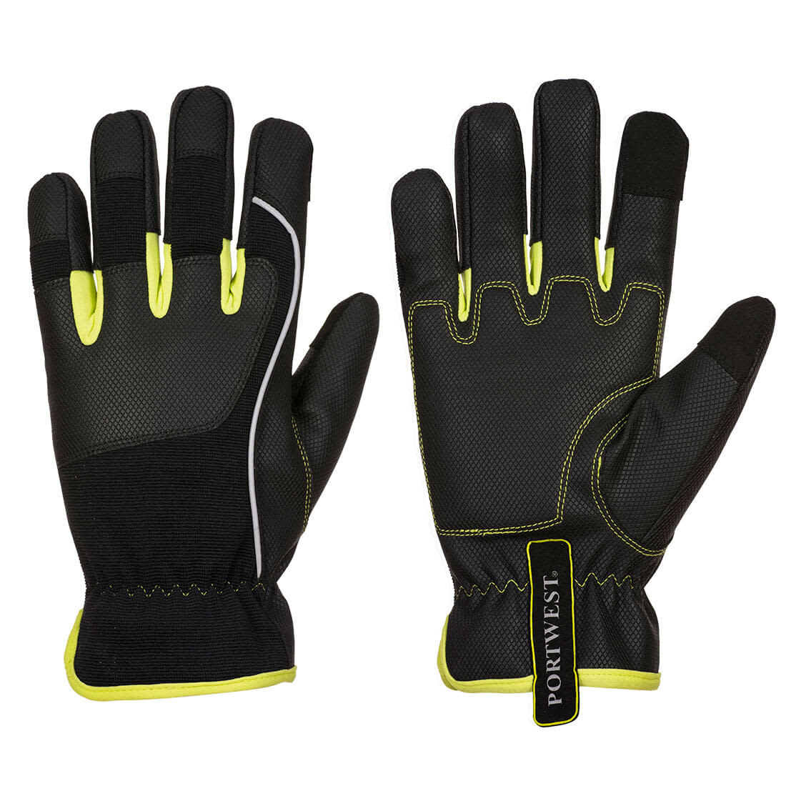 A pair of black and yellow gloves featuring a textured design and a tag, designed for tradespeople. PW3 Tradesman Glove - Image 1