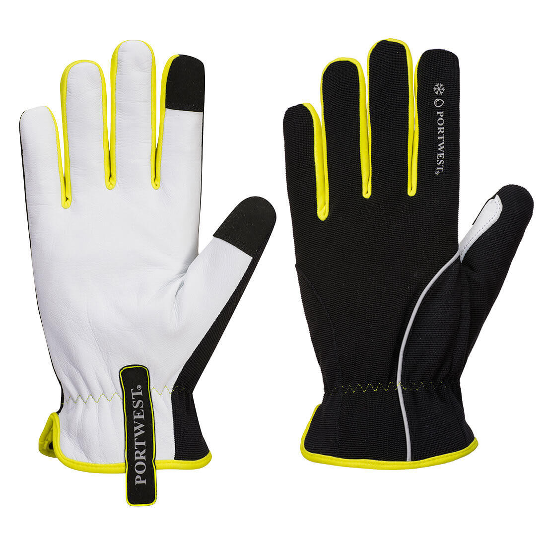 A pair of PW3 Winter Gloves featuring a white palm and black body with lime green accents and branding. PW3 Winter Glove - Image 1