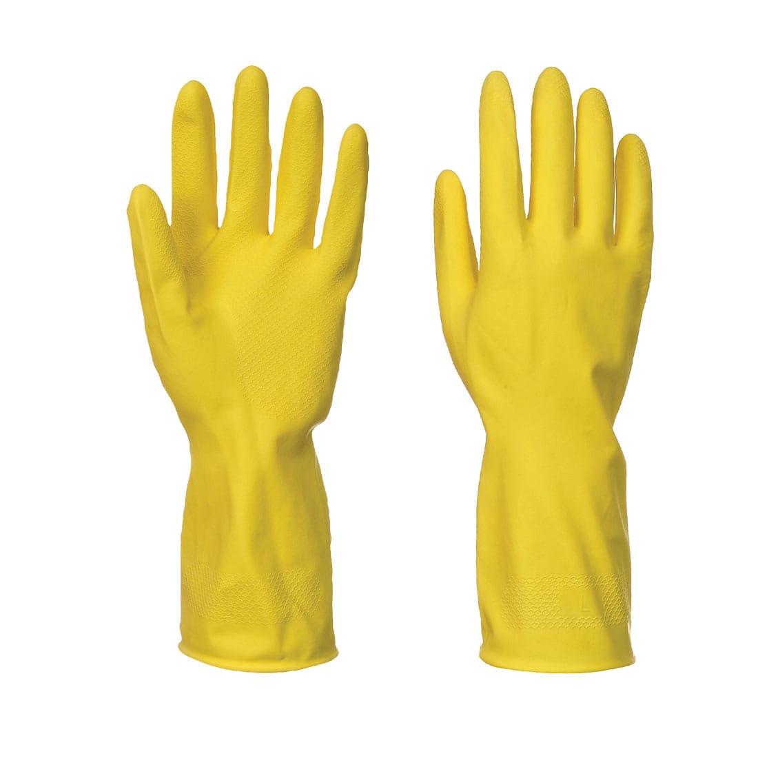 A pair of yellow household gloves with textured palms and long cuffs, featuring a logo. Household Latex Glove (240 Pairs) - Image 1