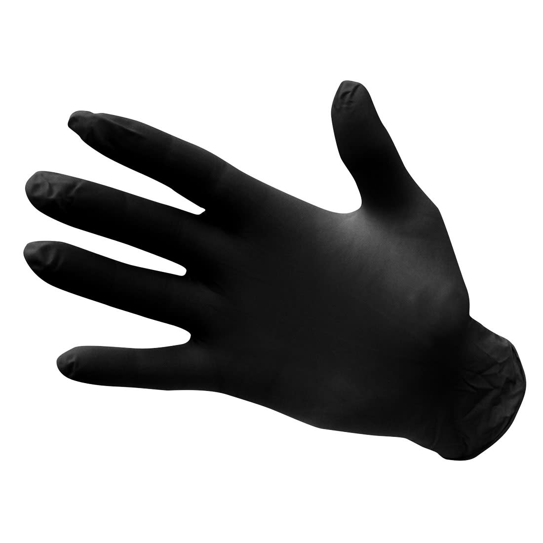A pair of black nitrile disposable gloves laid out in the shape of a hand, with a smooth finish and a snug fit. Powder Free Nitrile Disposable Glove - Image 1