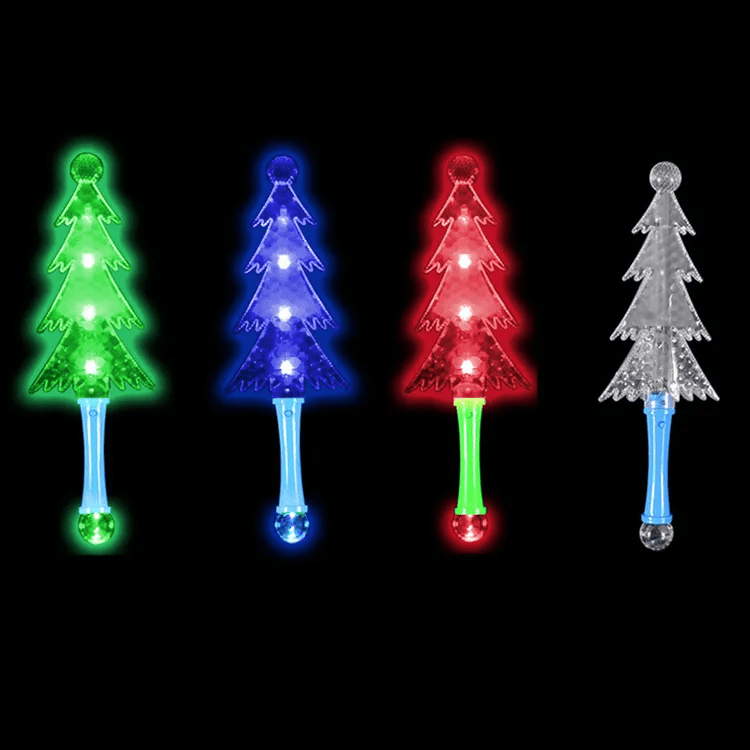 A set of four light-up Christmas tree wand toys in green, blue, red, and clear with colourful lights. Light-Up Christmas Tree Wand Toy - Image 1